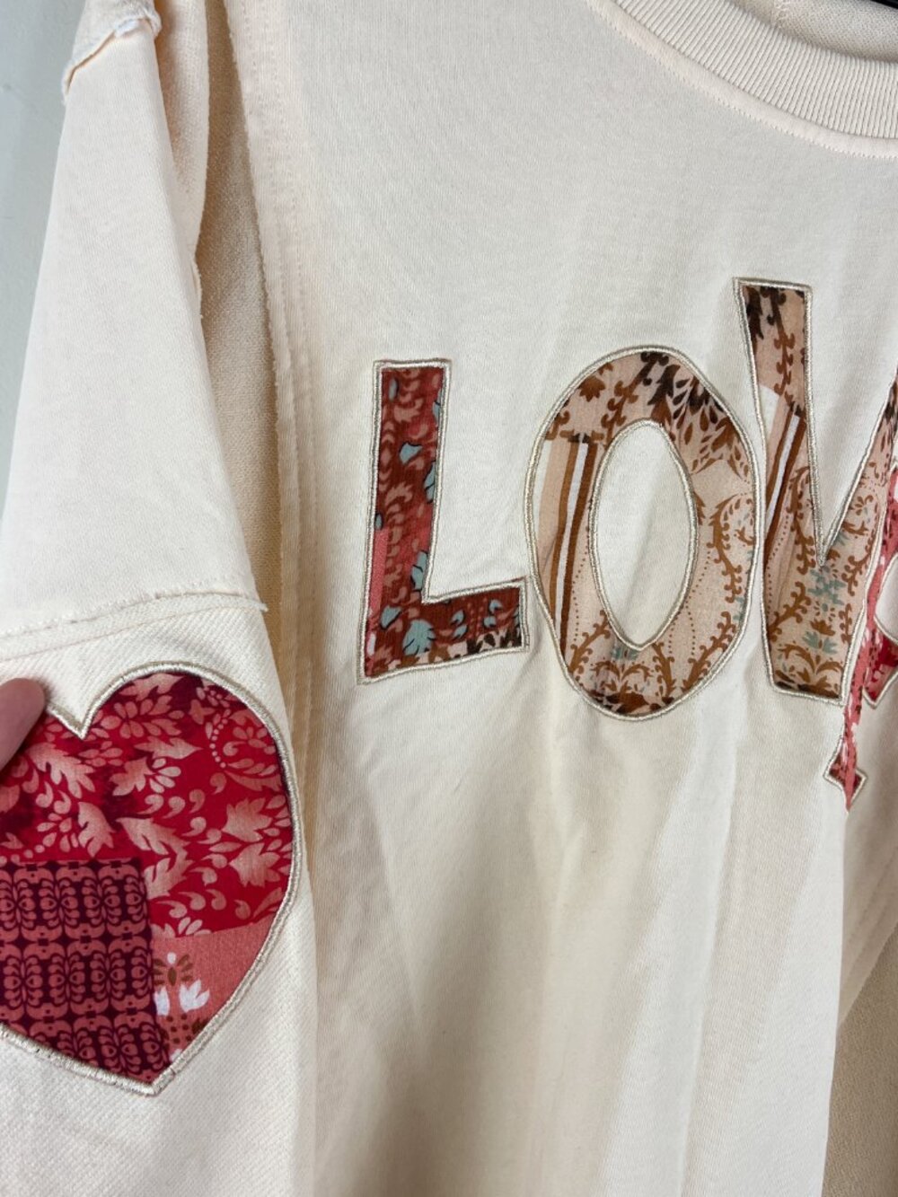 POL Cream Patchwork Love Long Sleeve Pullover Sweatshirt - Picture 3 of 6